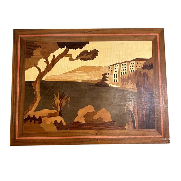 Wood Inlay Marquetry Panel European Coastal Scene Italy 16" x 12" Handcraafted - Picture 1 of 9